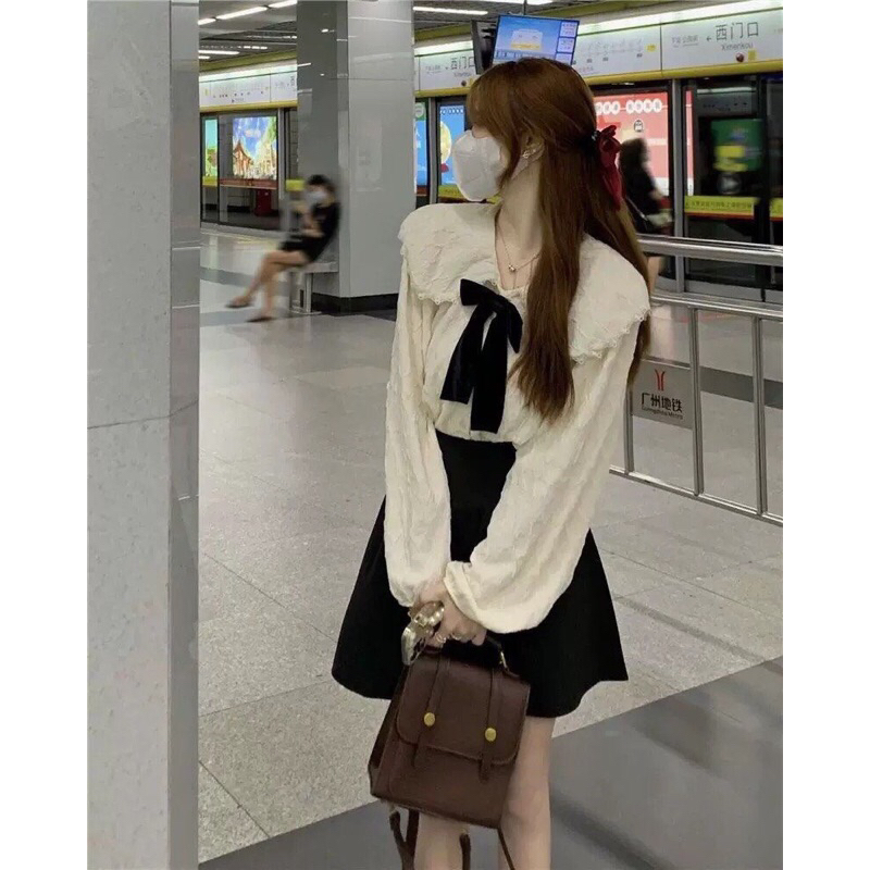 Set sơ mi xốp hoa cổ bèo nơ mix chân váy