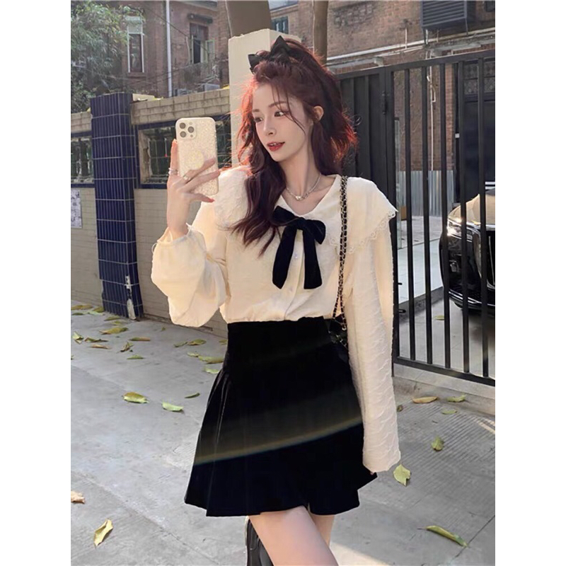 Set sơ mi xốp hoa cổ bèo nơ mix chân váy