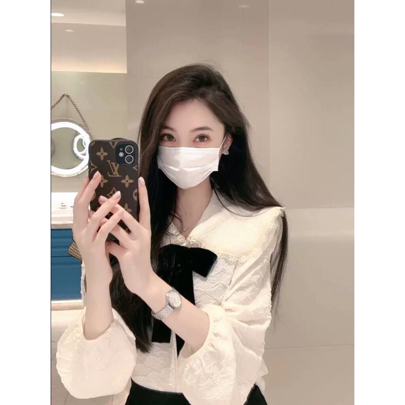 Set sơ mi xốp hoa cổ bèo nơ mix chân váy