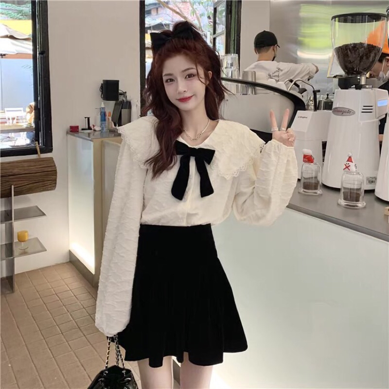 Set sơ mi xốp hoa cổ bèo nơ mix chân váy
