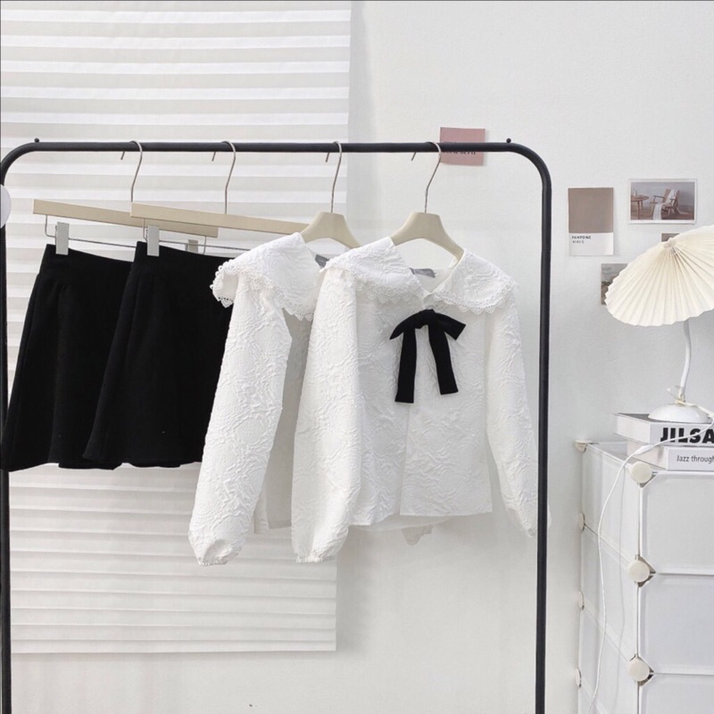 Set sơ mi xốp hoa cổ bèo nơ mix chân váy