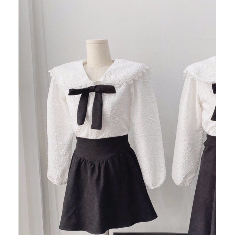 Set sơ mi xốp hoa cổ bèo nơ mix chân váy