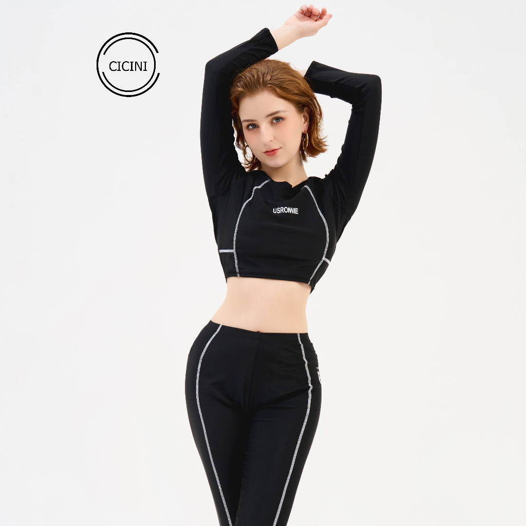 Bộ Quần Áo Bơi Cicini Cao Cấp Tay Dài Croptop Đen Trơn, Quần Dài Dành Cho Bạn Gái Đi Biển Mã L05