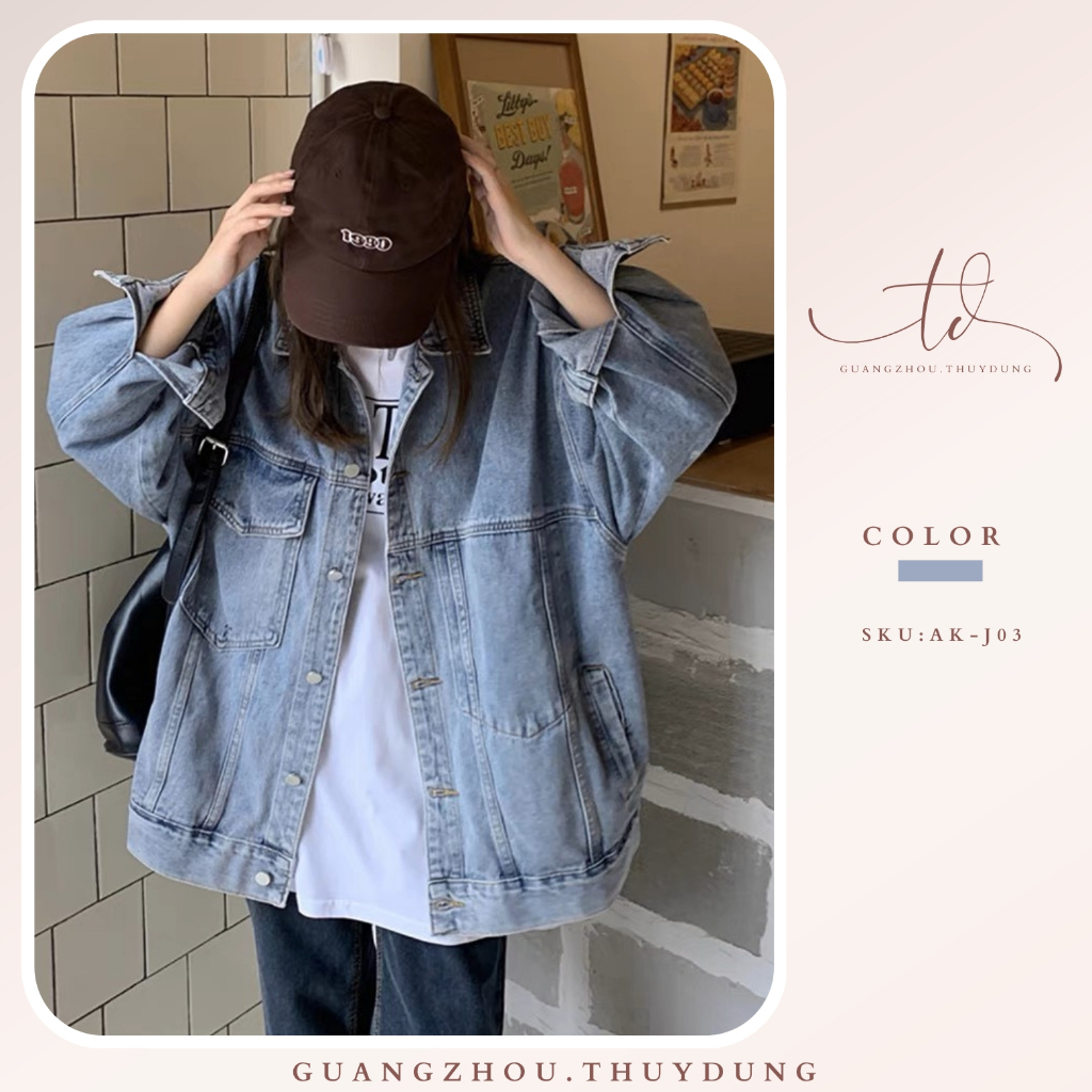 Áo khoác jean nữ form rộng áo khoác jacket Denim unisex 2 túi tay dài dáng lửng style cá tính basic Guangzhou.Thuydung