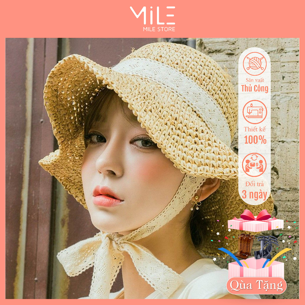 Mũ Cói Đi Biển Vành Nhỏ MILESTORE Quai Ren Chất Liệu Cói Mát Mẻ Màu Be Nâu MC010