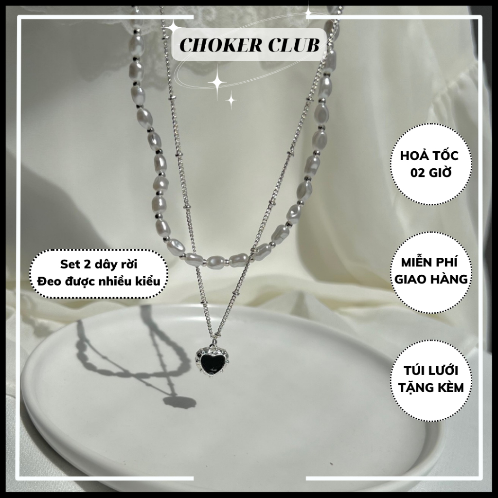 Dây chuyền mặt hình trái tim phối dây ngọc trai nhân tạo set 2 dây rời N195 Choker Club