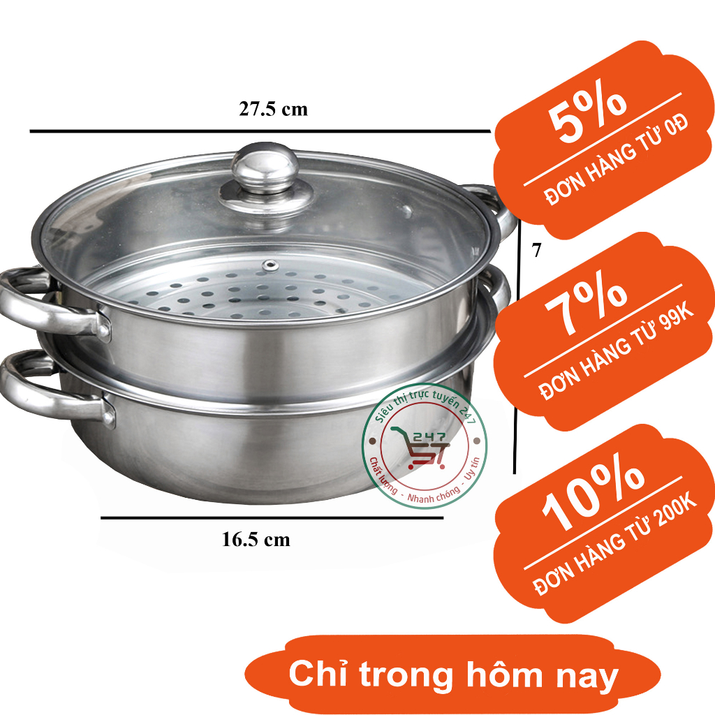 Nồi xửng hấp 2 tầng inox mini size 28cm dùng bếp từ tiện lợi