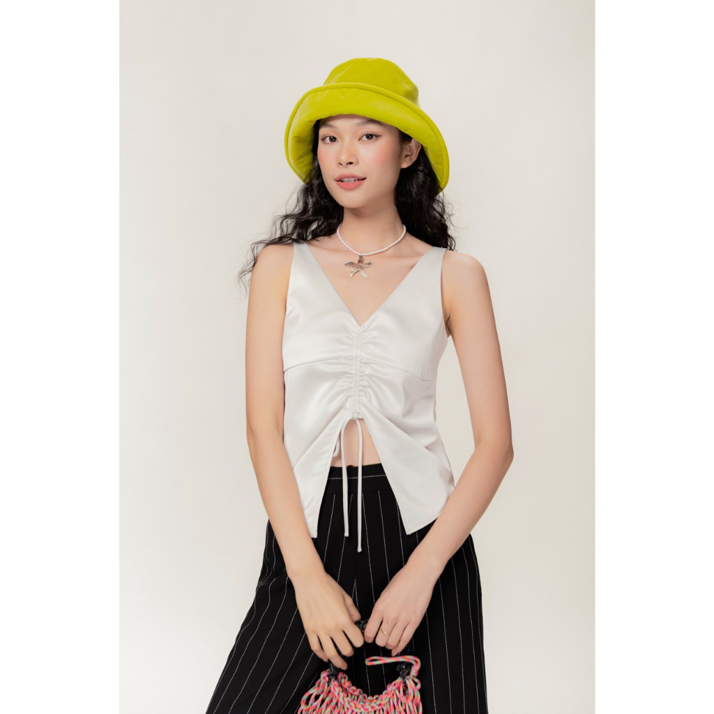 LIBÉ - Áo kiểu hai dây cổ chữ V cột nơ màu trắng