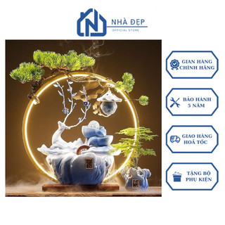Thác khói nước phong thủy tượng hươu tài lộc để bàn decor kèm đèn led trang trí văn phòng tiểu cảnh
