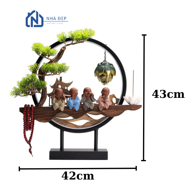Thác Khói Trầm Hương Tượng Chú Tiểu Bốn Không Phong Thủy Kệ Gỗ Decor Đèn Led Cây Xanh Tài Lộc Để Bàn Văn Phòng Trang Trí