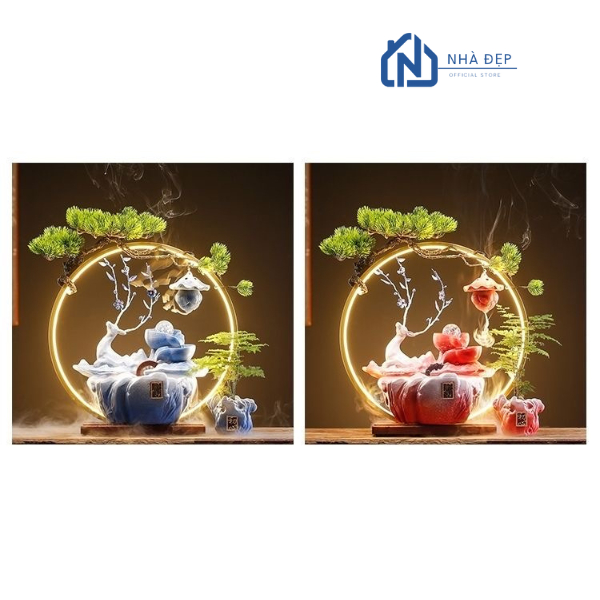 Thác Khói Nước  Phong Thủy An Nhiên Trầm Hương Decor Đèn Led Tượng Hươu Tài Lộc Để Bàn Văn Phòng Kệ Trang Trí