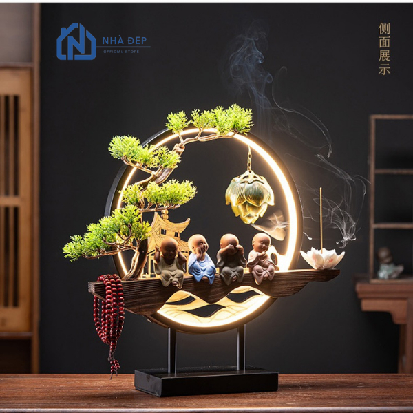 Thác Khói Trầm Hương Tượng Chú Tiểu Bốn Không Phong Thủy Kệ Gỗ Decor Đèn Led Cây Xanh Tài Lộc Để Bàn Văn Phòng Trang Trí