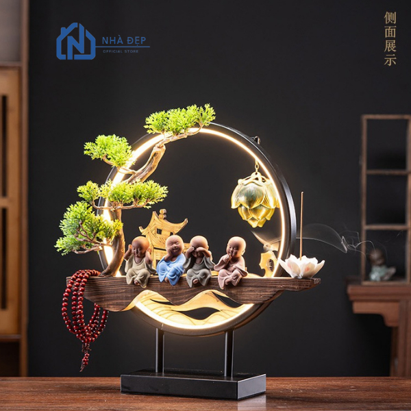 Thác Khói Trầm Hương Tượng Chú Tiểu Bốn Không Phong Thủy Kệ Gỗ Decor Đèn Led Cây Xanh Tài Lộc Để Bàn Văn Phòng Trang Trí
