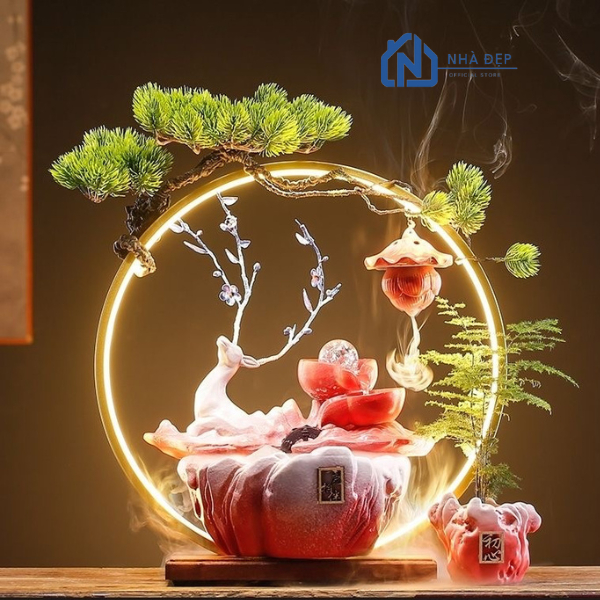 Thác Khói Nước  Phong Thủy An Nhiên Trầm Hương Decor Đèn Led Tượng Hươu Tài Lộc Để Bàn Văn Phòng Kệ Trang Trí