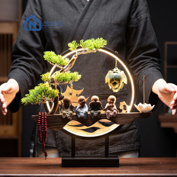 Thác Khói Trầm Hương Tượng Chú Tiểu Bốn Không Phong Thủy Kệ Gỗ Decor Đèn Led Cây Xanh Tài Lộc Để Bàn Văn Phòng Trang Trí