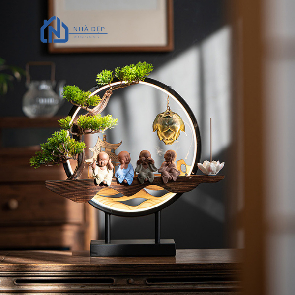 Thác Khói Trầm Hương Tượng Chú Tiểu Bốn Không Phong Thủy Kệ Gỗ Decor Đèn Led Cây Xanh Tài Lộc Để Bàn Văn Phòng Trang Trí