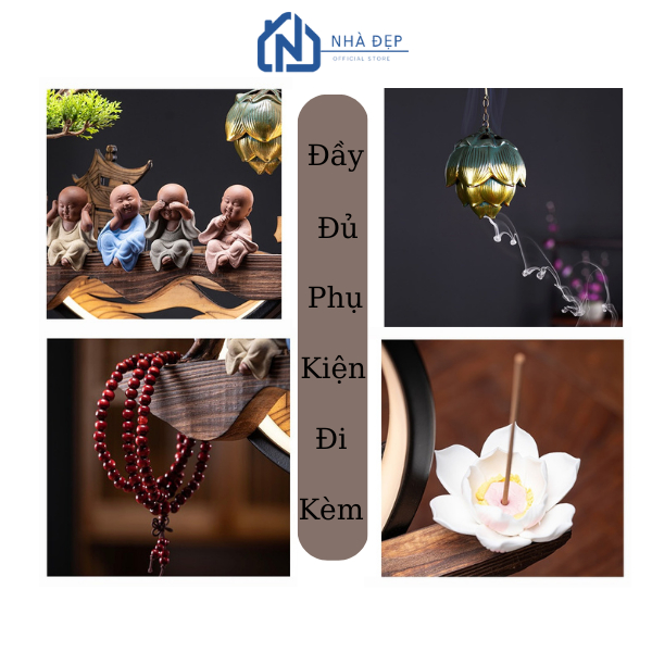 Thác Khói Trầm Hương Tượng Chú Tiểu Bốn Không Phong Thủy Kệ Gỗ Decor Đèn Led Cây Xanh Tài Lộc Để Bàn Văn Phòng Trang Trí