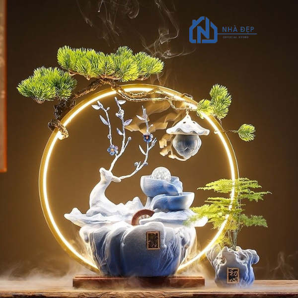 Thác Khói Nước  Phong Thủy An Nhiên Trầm Hương Decor Đèn Led Tượng Hươu Tài Lộc Để Bàn Văn Phòng Kệ Trang Trí