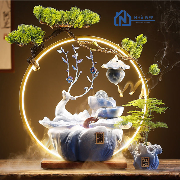 Thác Khói Nước  Phong Thủy An Nhiên Trầm Hương Decor Đèn Led Tượng Hươu Tài Lộc Để Bàn Văn Phòng Kệ Trang Trí