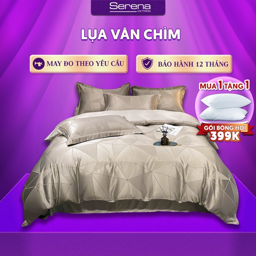 Bộ chăn ga gối 5 Món Lụa vân chìm SERENA Chính Hãng Set Chăn Ra Grap Drap Trần Bông Trải Phủ Giường Cao Cấp