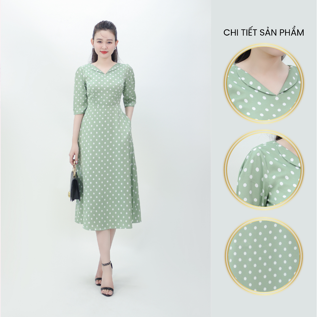 Đầm chấm bi cổ sen tay lỡ dáng xòe - Xanh 3838 Guco