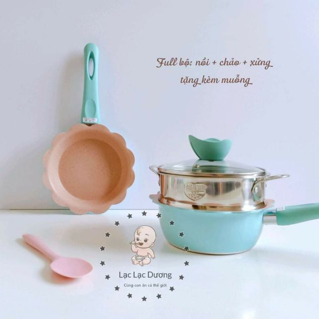 Combo nồi + chảo chuyên dụng nấu đồ ăn dặm cho trẻ em, chất liệu men đá hoa cương chống dính an toàn (Kèm xửng hấp inox)