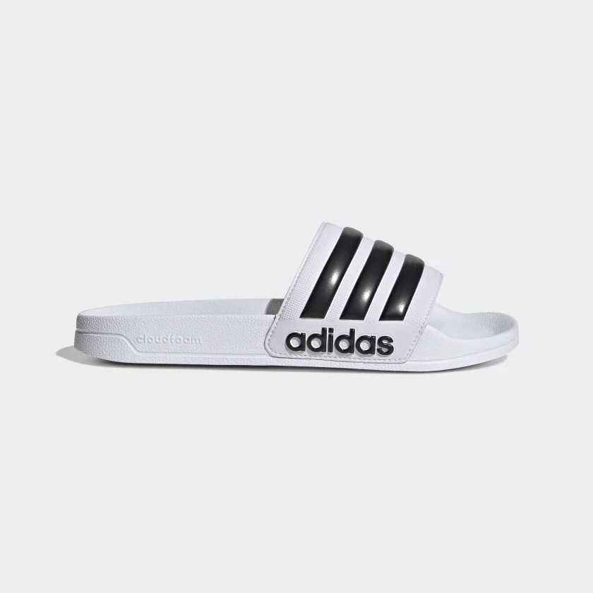Dép chính hãng Adidas Adilette Shower unisex màu trắng quai ngang trắng sọc đen logo đen