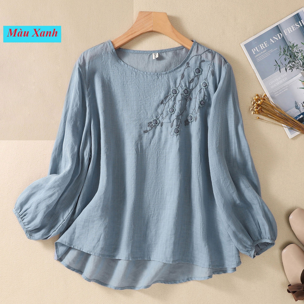 Áo dài tay trung niên nữ chất liệu đũi dễ mặc B9