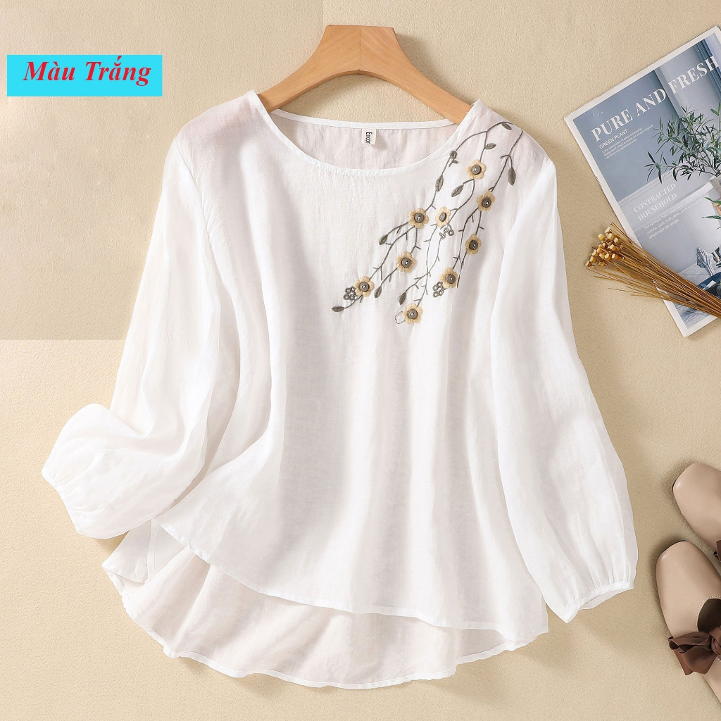 Áo dài tay trung niên nữ chất liệu đũi dễ mặc B9