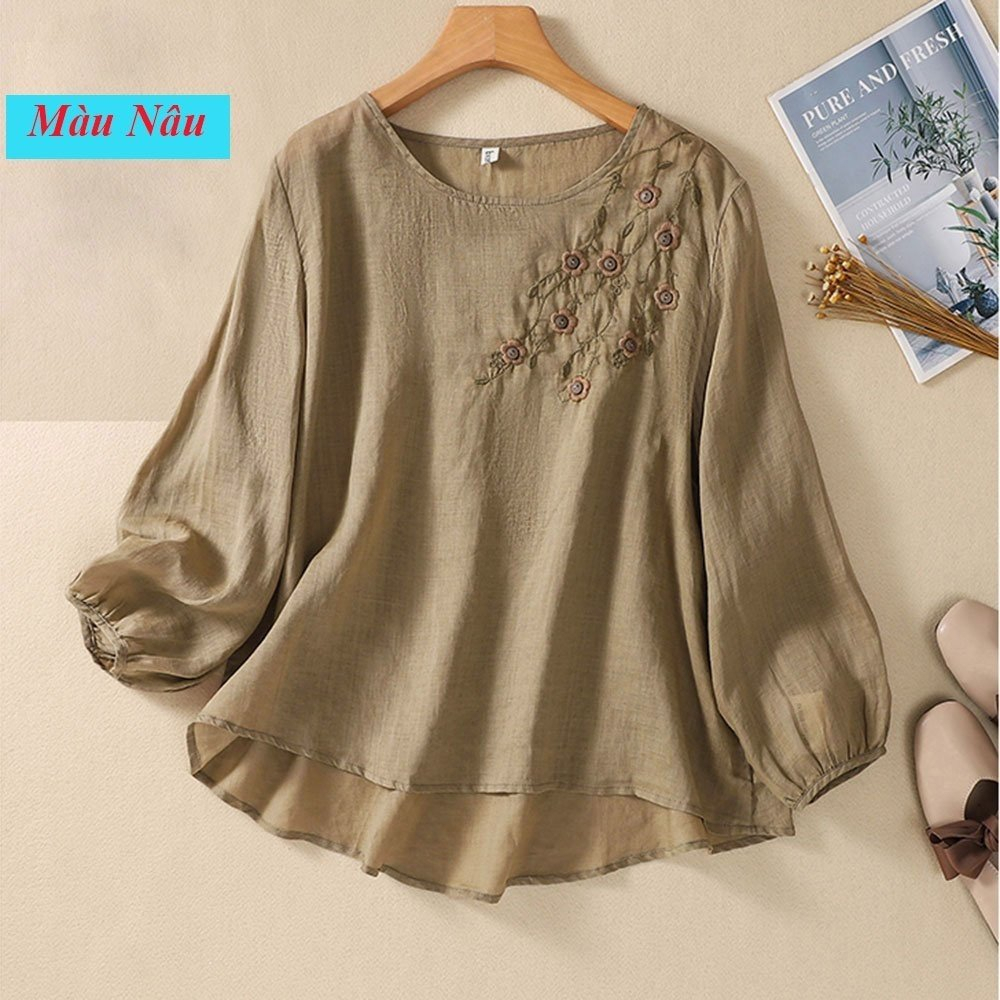 Áo dài tay trung niên nữ chất liệu đũi dễ mặc B9