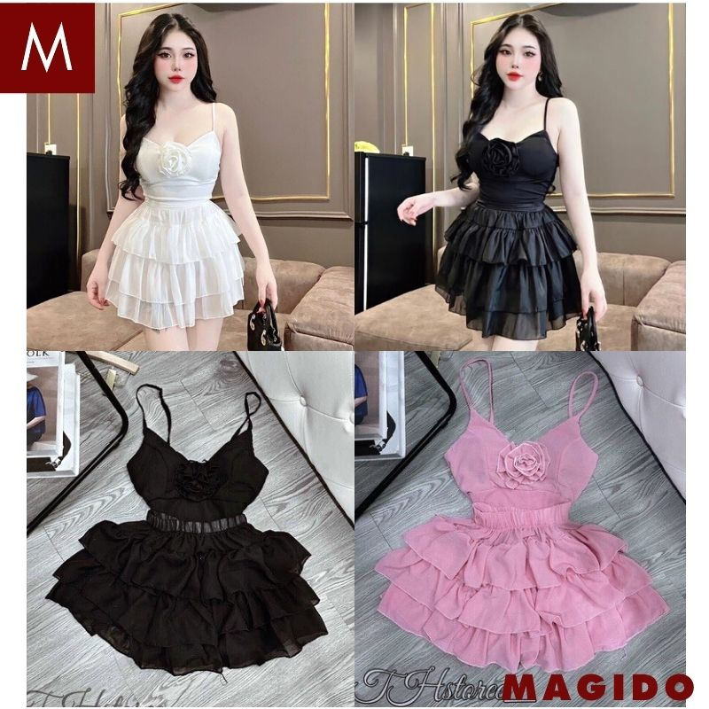 Set áo 2 dây ôm body đính hoa ngực kèm chân váy 3 tầng dáng ngắn - Bộ đồ nữ sexy tôn dáng hot hit MAGIDO B62