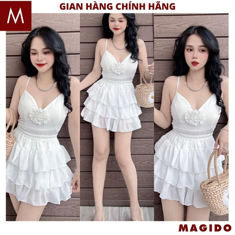 Set áo 2 dây ôm body đính hoa ngực kèm chân váy 3 tầng dáng ngắn - Bộ đồ nữ sexy tôn dáng hot hit MAGIDO B62