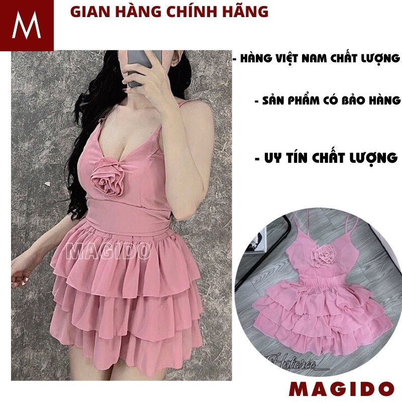 Set áo 2 dây ôm body đính hoa ngực kèm chân váy 3 tầng dáng ngắn - Bộ đồ nữ sexy tôn dáng hot hit MAGIDO B62