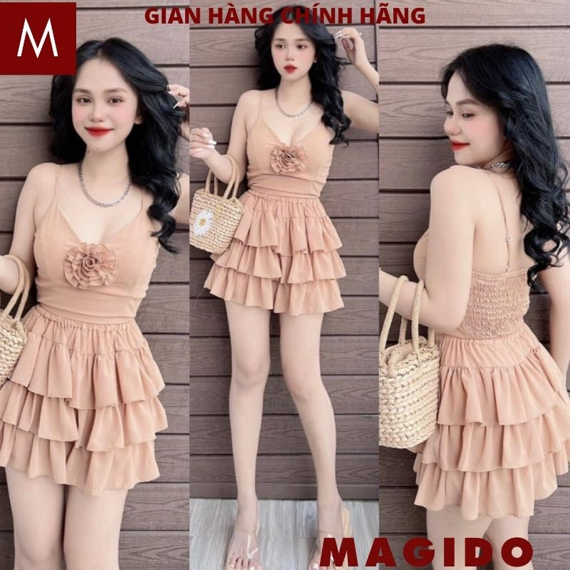 Set áo 2 dây ôm body đính hoa ngực kèm chân váy 3 tầng dáng ngắn - Bộ đồ nữ sexy tôn dáng hot hit MAGIDO B62