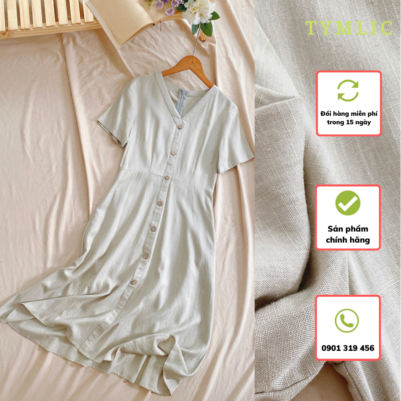 Đầm Linen Tưng Gân Cổ V Phối Nút Be TYMLIC