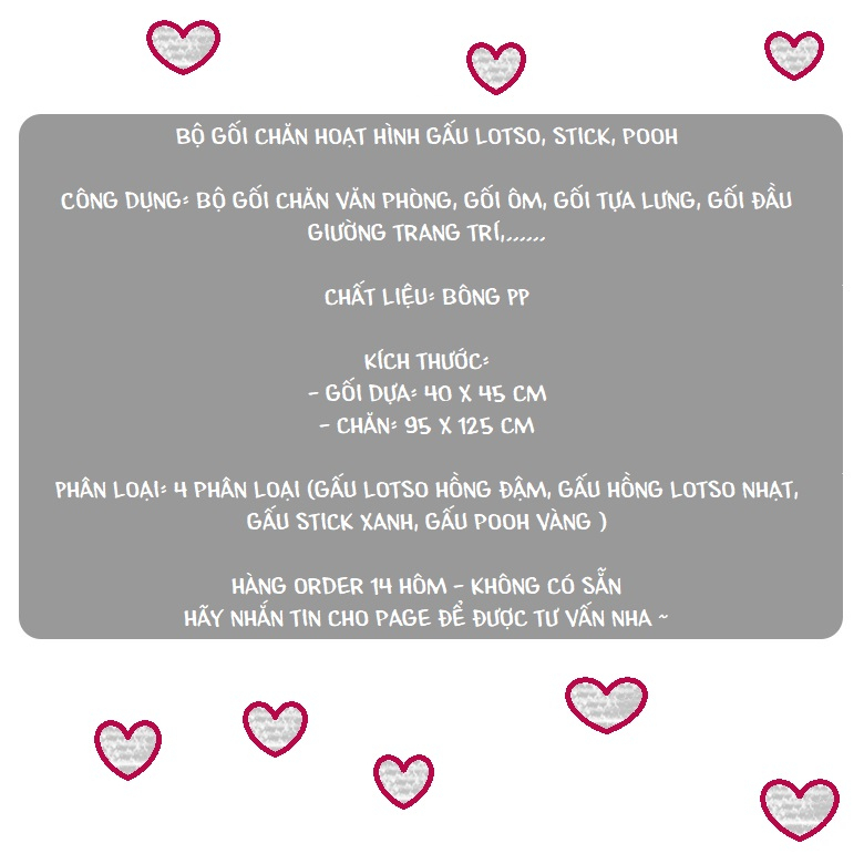 Order | Bộ gối chăn văn phòng, gối dựa lưng size lớn, gối ôm hoạt hình gấu hồng Lotso, Stick, Pooh đáng yêu mềm mại