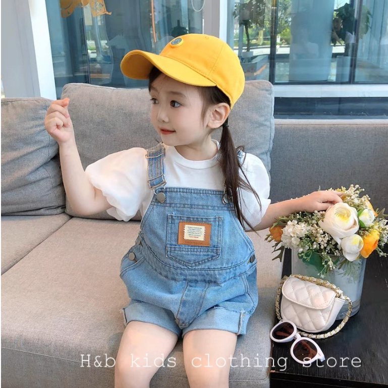 Set yếm bò kèm áo tay bồng vải tơ cho bé gái xinh xắn Bộ quần áo jean trẻ em từ 1-6 tuổi