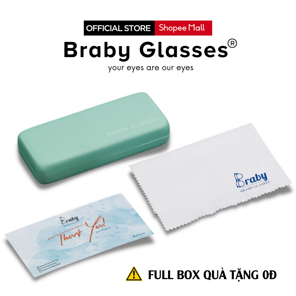 Gọng kính cận mắt vuông nam nữ Braby Glasses chất liệu nhựa dẻo cao cấp phụ kiện thời trang sành điệu MK37 Hộp