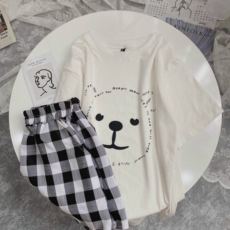 Set Áo Thun In Hình + Quần Đùi Caro
