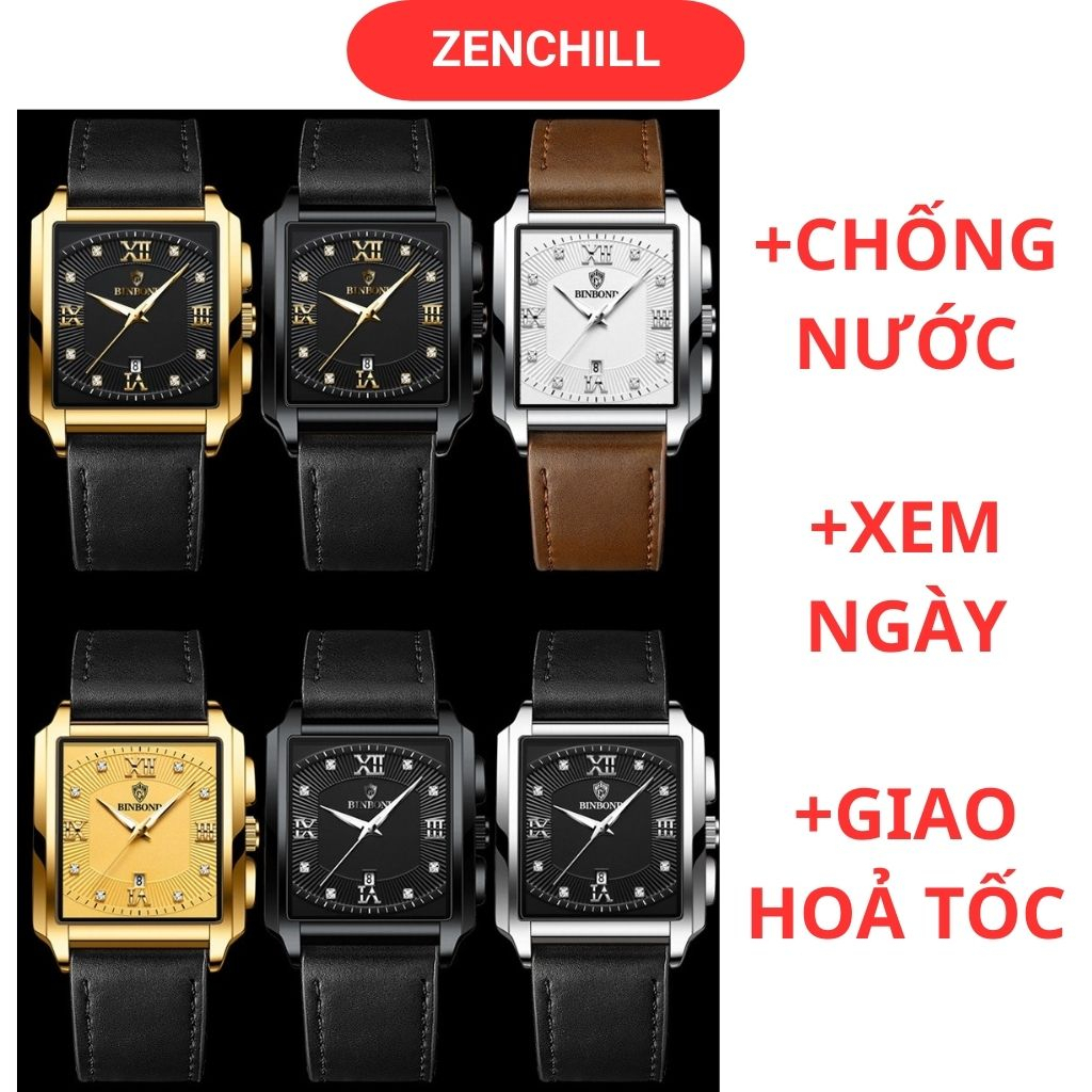 Đồng hồ nam dây da chống nước, đồng hồ thời trang nam mặt vuông cá tính