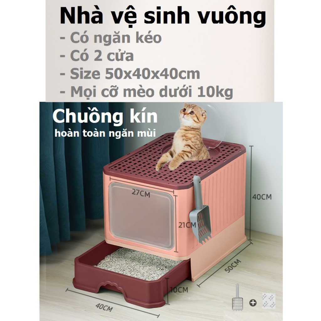 Nhà vệ sinh vuông cho mèo có 2 cửa khay cát dạng ngăn kéo (nhà mèo đời mới)