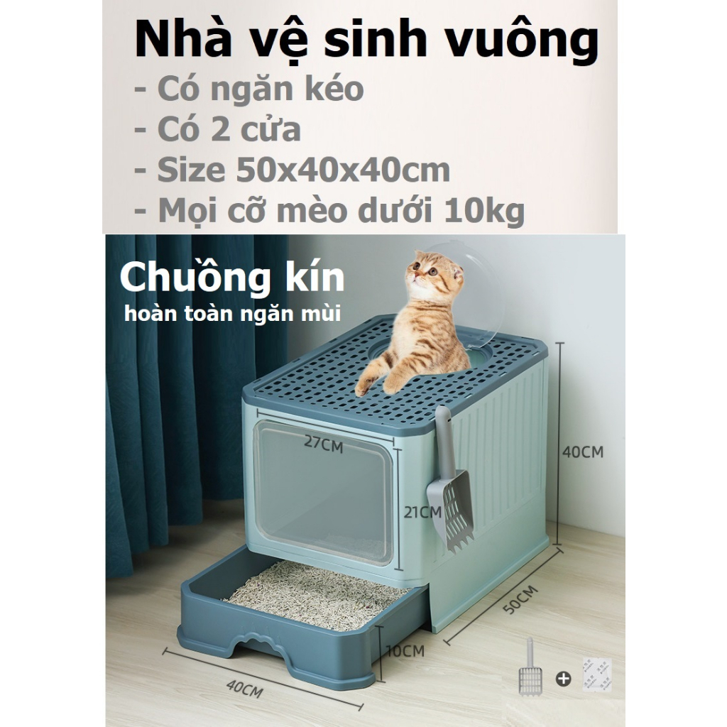 Nhà vệ sinh vuông cho mèo có 2 cửa khay cát dạng ngăn kéo (nhà mèo đời mới)