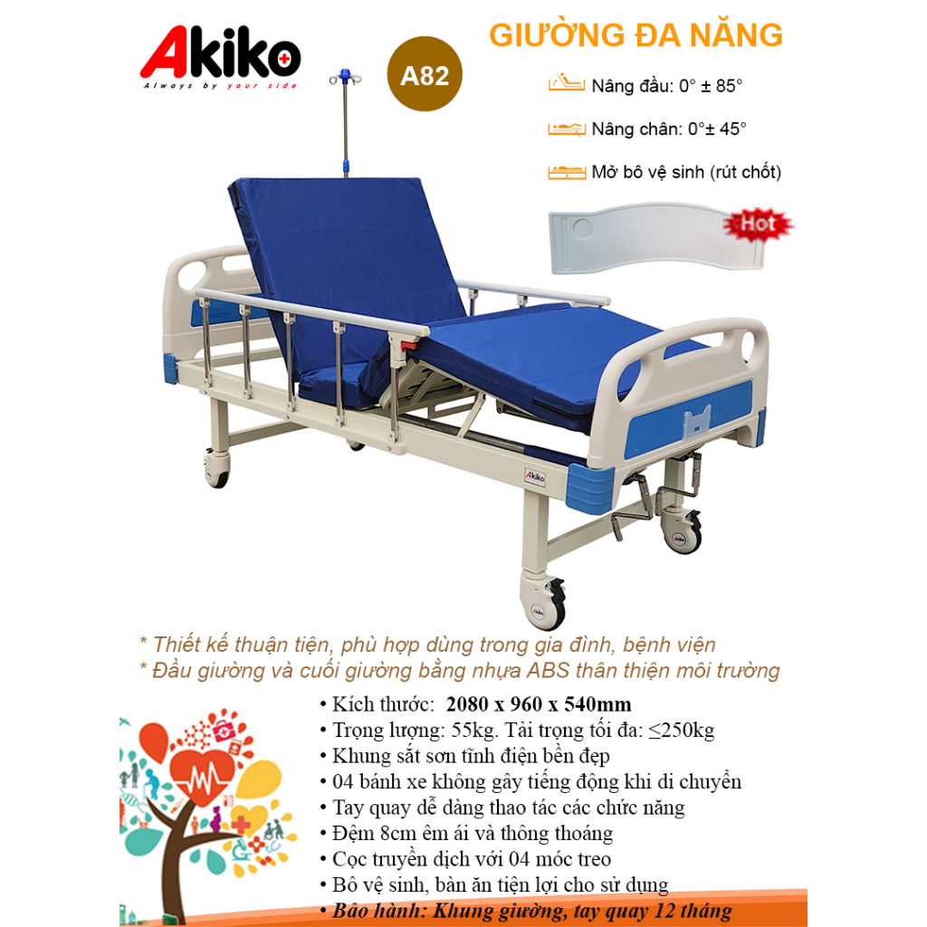 Giường y tế 2 tay quay có bô vệ sinh, bàn ăn A82 AKIKO