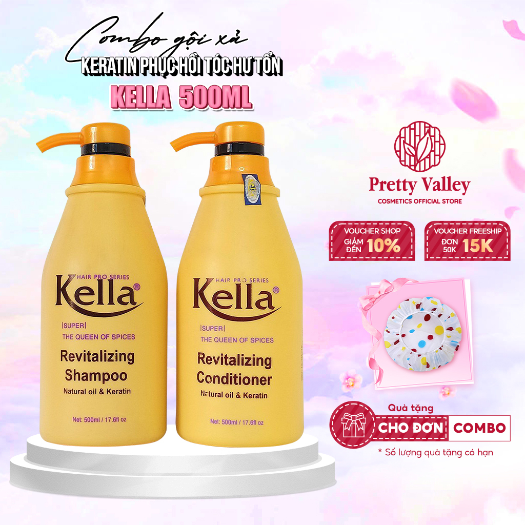 Combo dầu gội & xả phục hồi tóc hư tổn KELLA KERATIN chống lão hóa, nuôi dưỡng tóc yếu khỏe mạnh - Pretty Valley Store