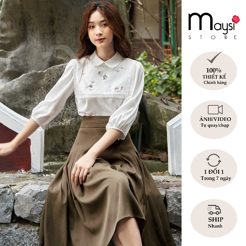 Áo sơ mi đính đá Maysi thiết kế vạt vuông cổ sen hai màu be và trắng