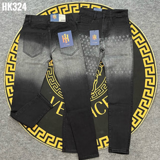 Quần jean nam đen dài, phối họa tiết LV, loang bạc màu chất liệu jean cao cấp, form slimfit co giãn