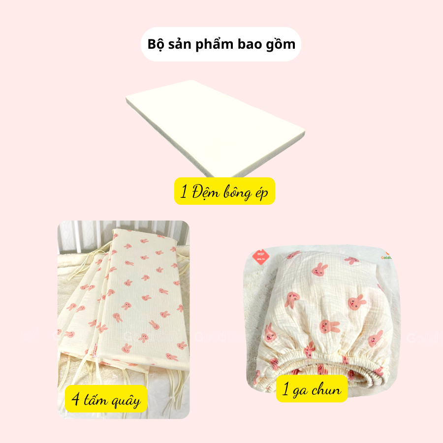 [HOT]Đệm Cũi Cho Bé + Quây Cũi + Ga Cũi GOLDCAT, Cotton Mềm Mịn, Chất Liệu An Toàn Cho Trẻ Sơ Sinh