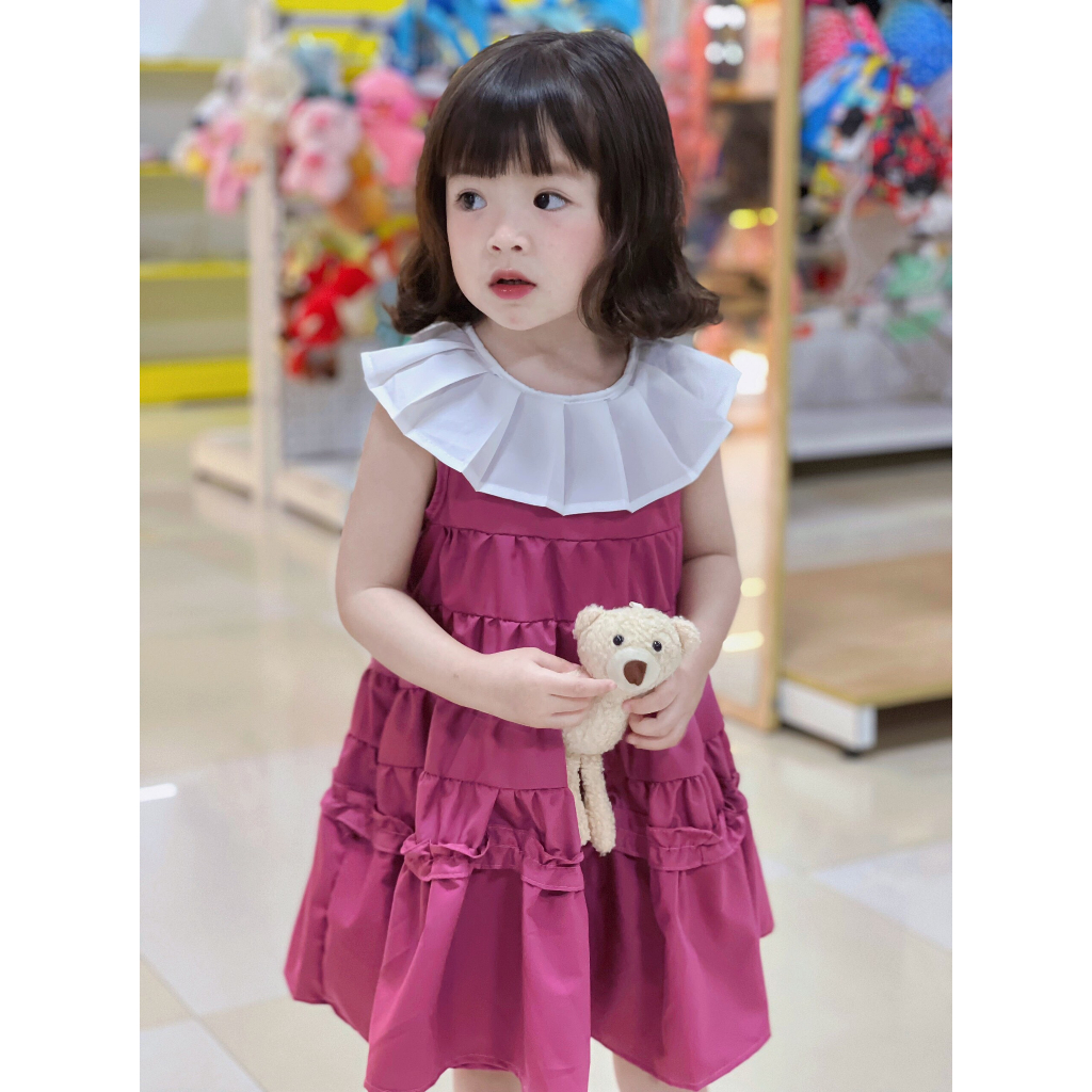 Váy bé gái - đầm cho bé gái - Đầm tím hồng dáng xòe cổ sen cho bé gái từ 8kg-20kg