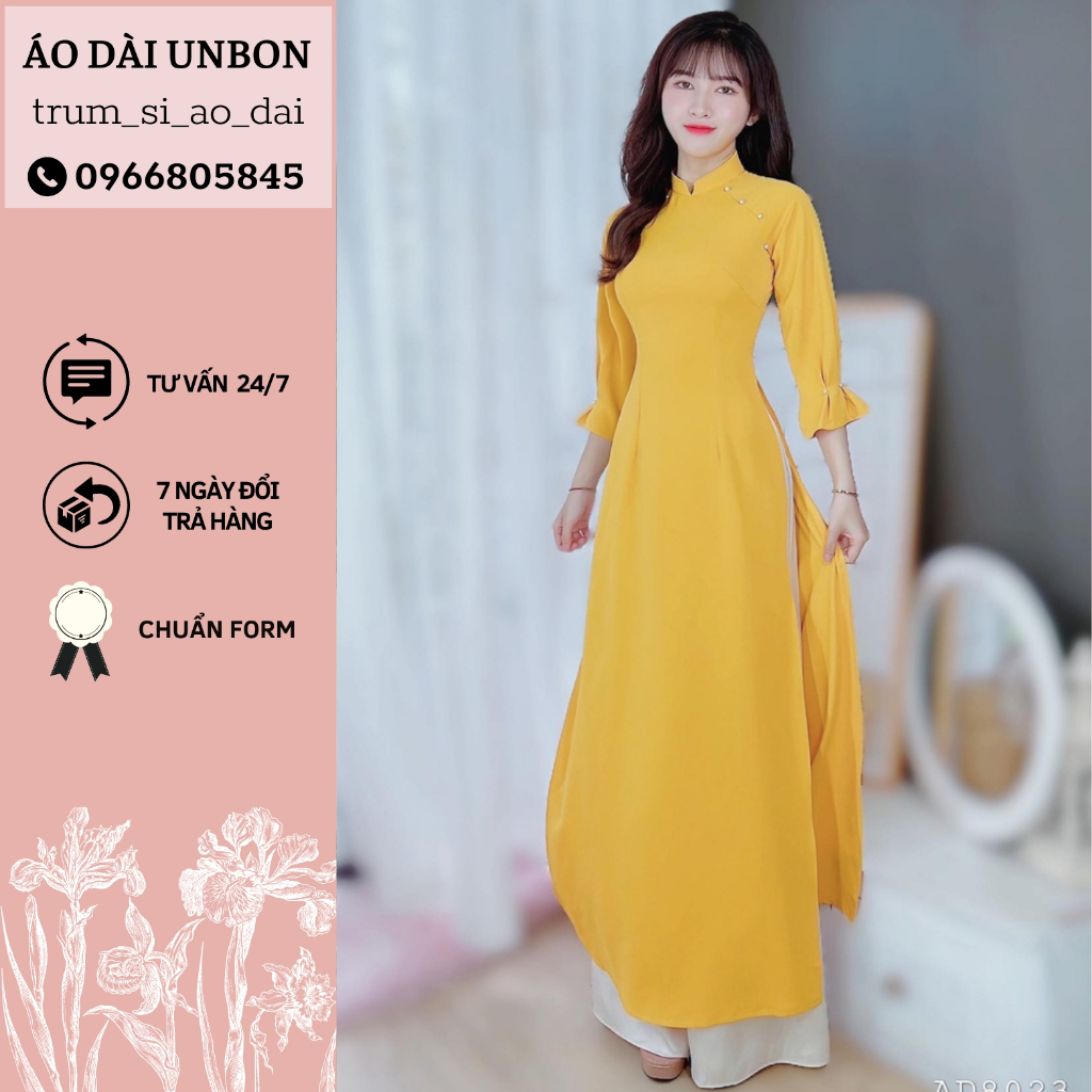 Sét áo dài cách tân nữ, áo dài trơn nữ thiết kế tay loe đính hạt chất lụa ý cao cấp mềm mịn