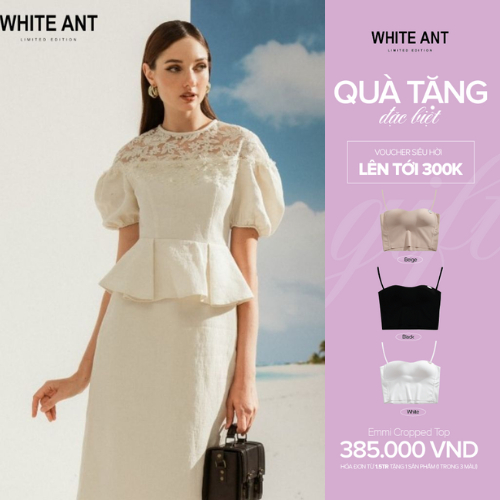 Áo Peplum Nữ WHITE ANT Naly Blouse Jacquard Thiết Kế Tay Bồng Phối Ren Ngực Trước, Chất Vải Cao Cấp 170300030